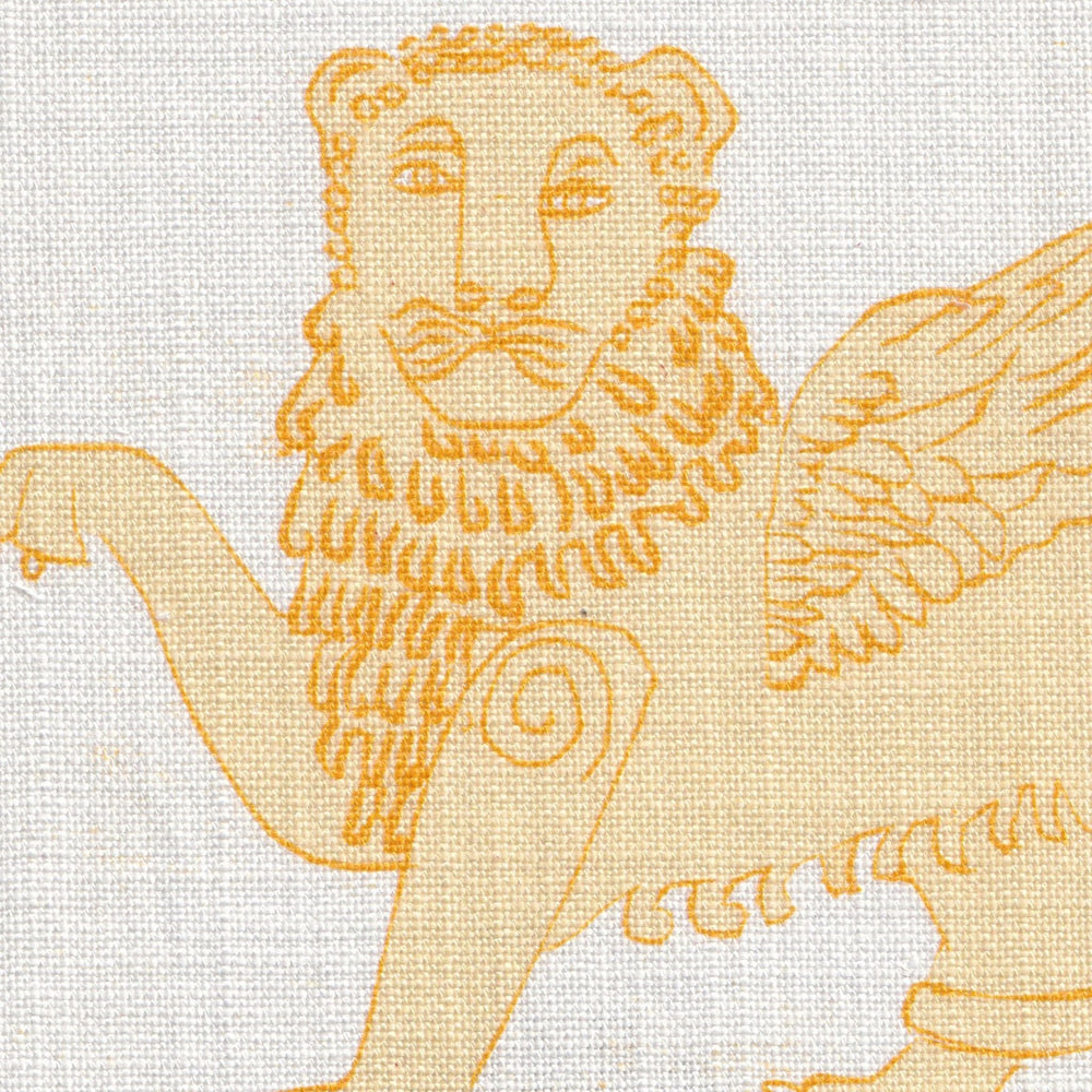 LINEN SAMPLE - Large scale repeat Winged Lion Linen - Mustard