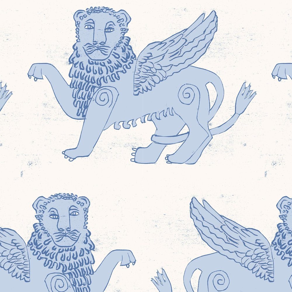 Velvet SAMPLE - Large scale repeat Winged Lion Recycled Velvet - Delft Blue
